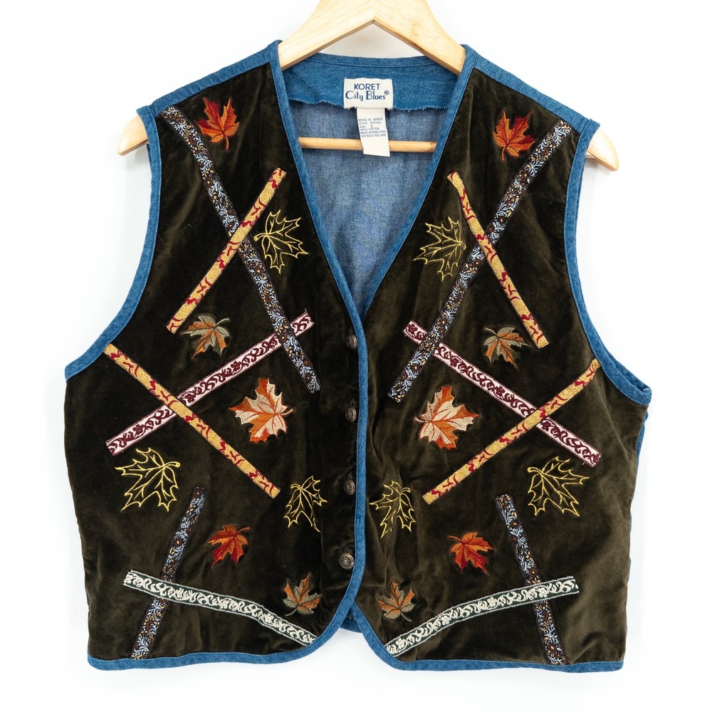 Vintage 90s Fall Vest Women L Velvet Leaves Teacher Autumn Thanksgiving Granny